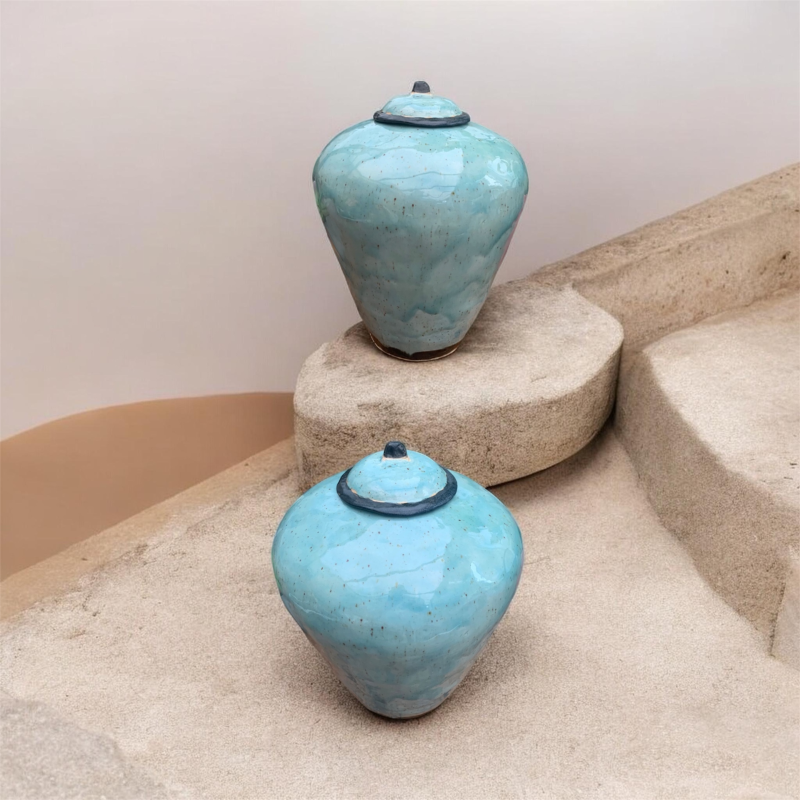 vaas urn keramiek turquoise buitenurn